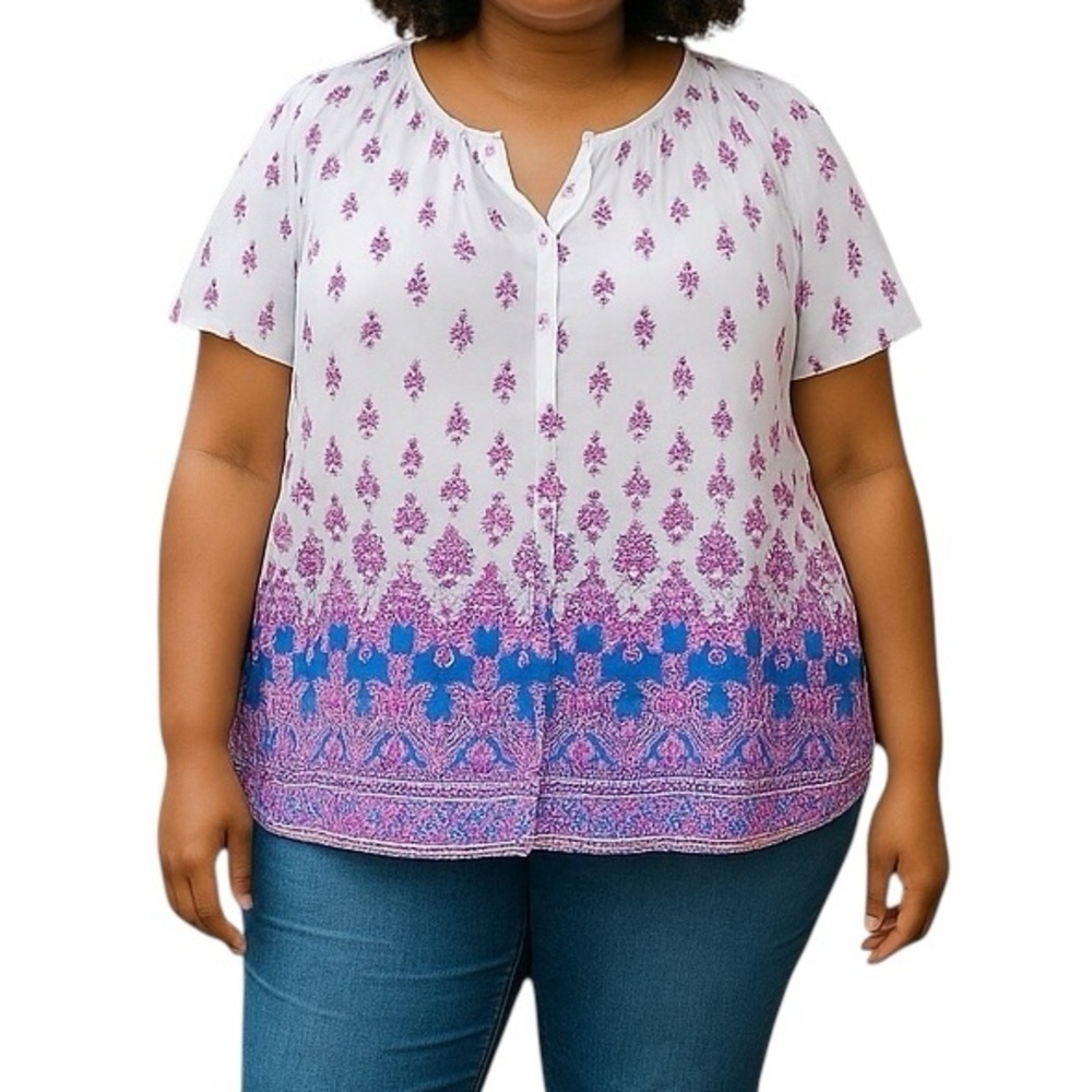 Talbots 2X Vibrant Pink Purple Short Sleeve Blouse Lightweight Office